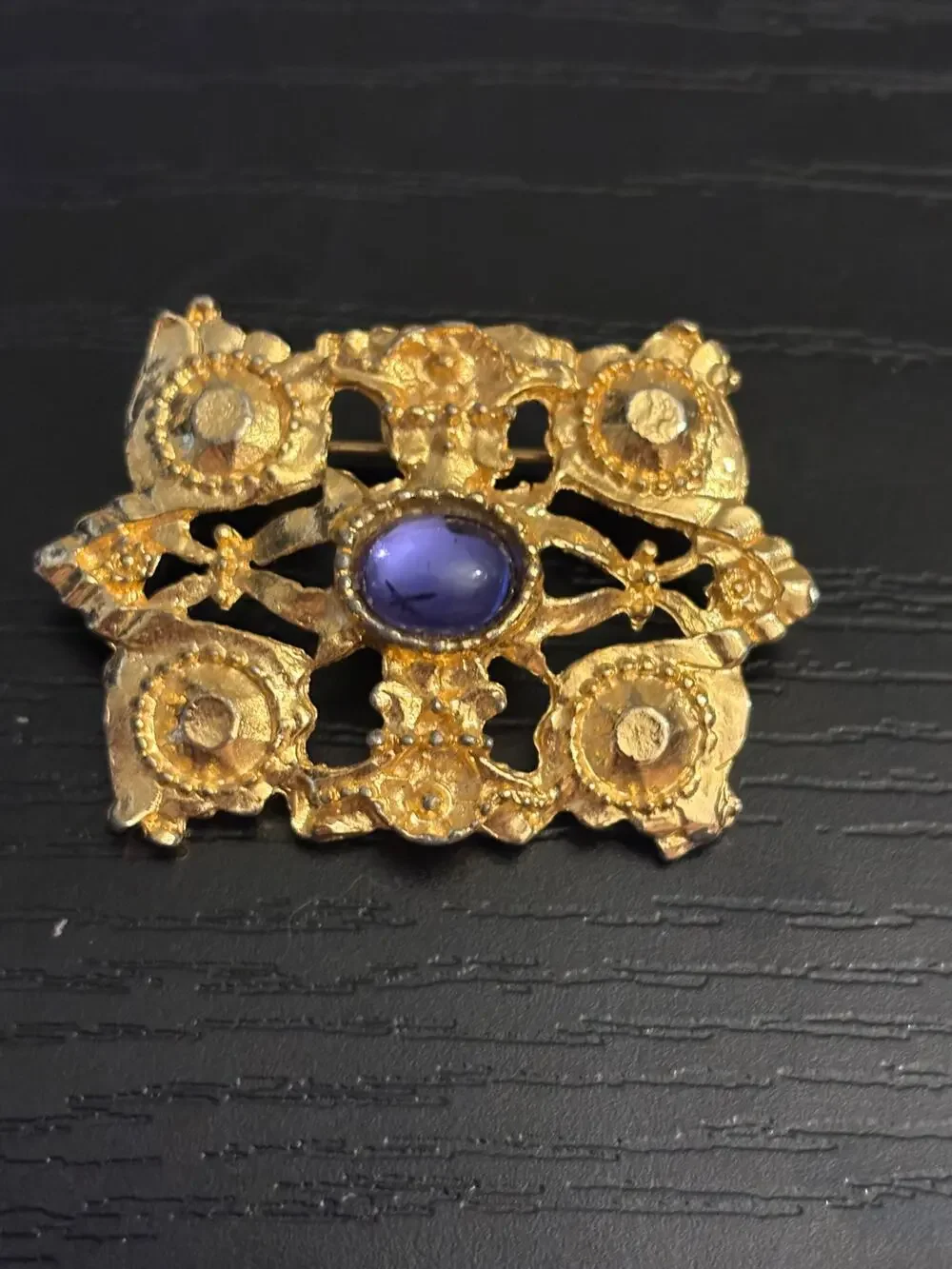 Vintage Byzantine Style Gold Brooch Purple Cabochon Center